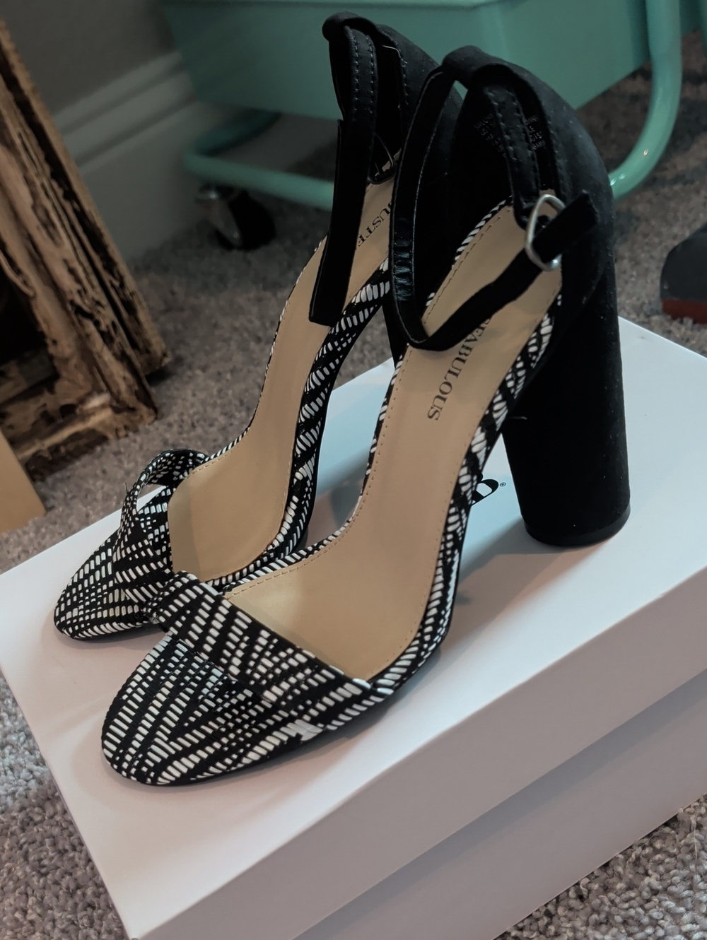 JustFab Black and White Patterned Block Heel Ankle-Strap Pumps